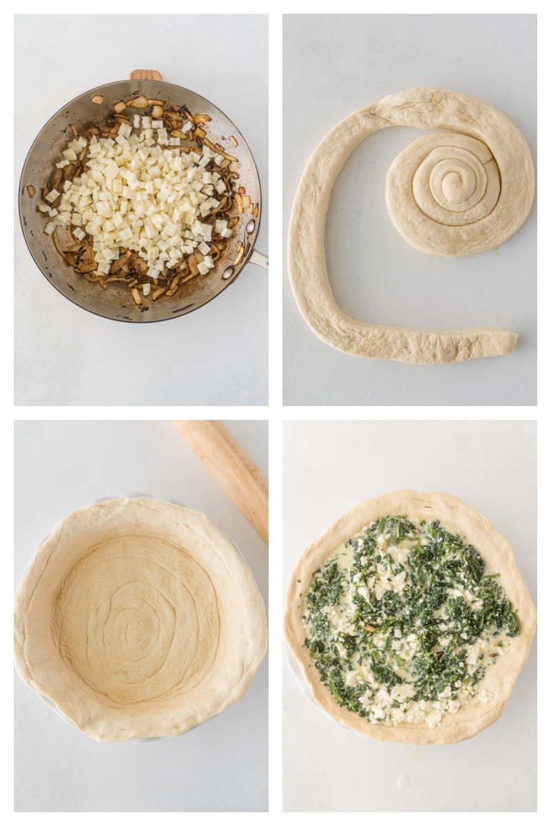 four photos showing how to assemble a spinach, feta and caramelized onion quiche