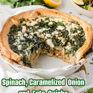 pinterest image for spinach, caramelized onion and feta quiche
