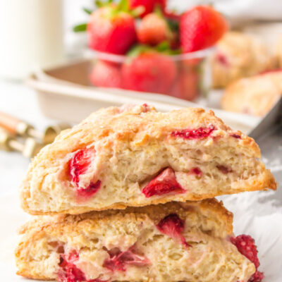 two fresh strawberry scones stacked