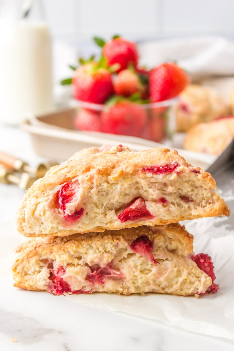 two fresh strawberry scones stacked