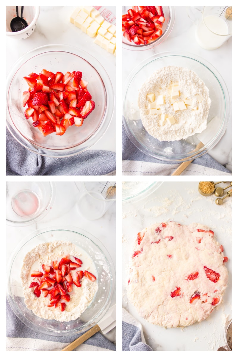 four photos showing how to make strawberry scone dough