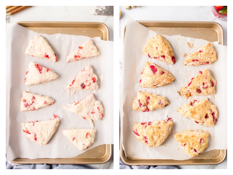 strawberry scones on baking sheet and then baked