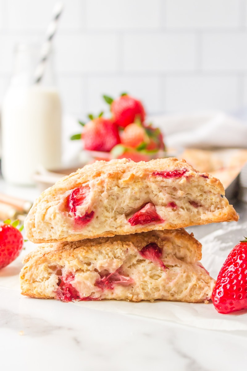 two strawberry scones stacked