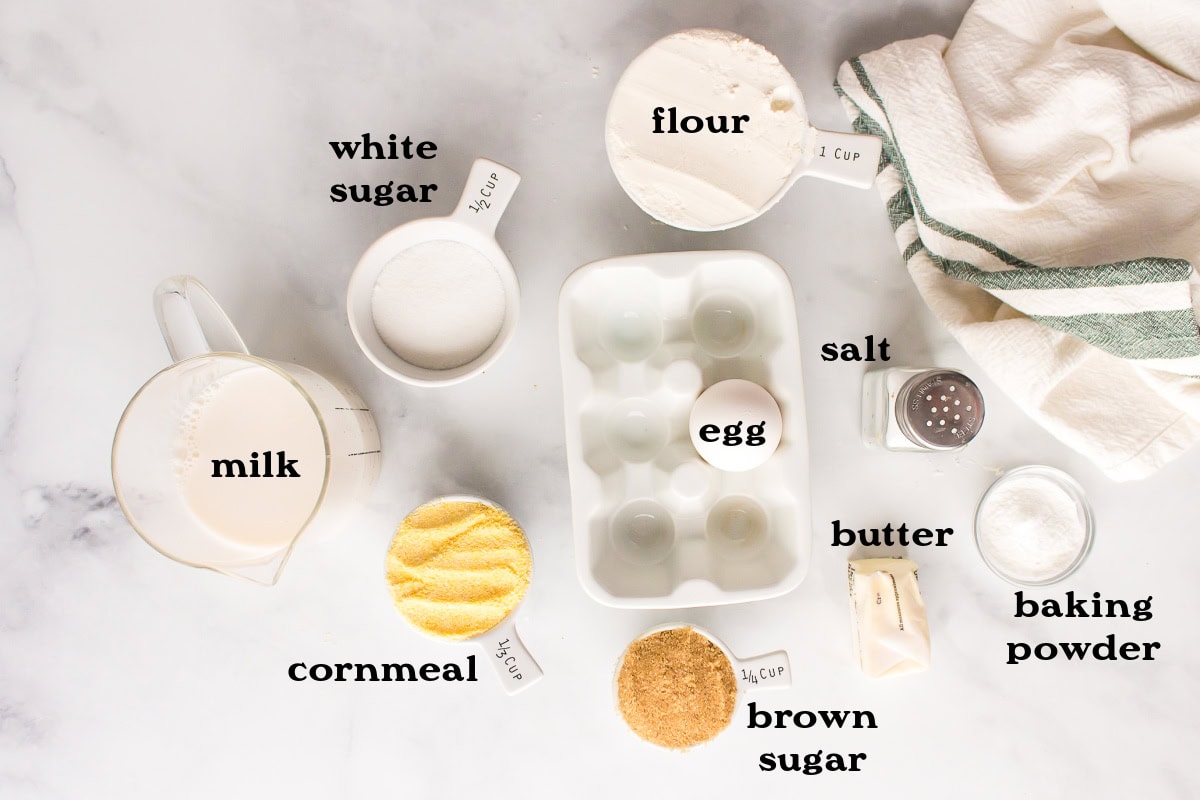 Sweet, moist, and buttery — this easy sweet cornbread recipe is the ultimate comfort side for chili, soups, and BBQ. Ready in under 30 minutes! ingredients displayed for making sweet cornbread