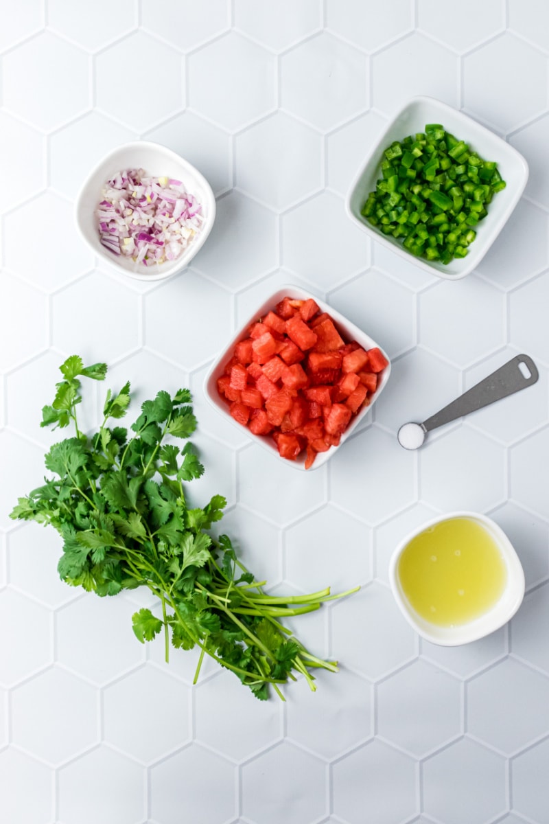 ingredients displayed for making watermelon salsa