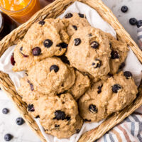 whole grain blueberry biscuits in a basket