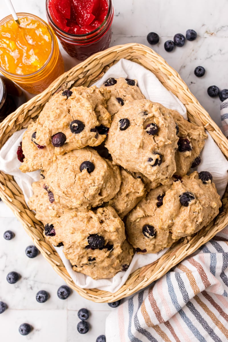 whole grain blueberry biscuits in a basket