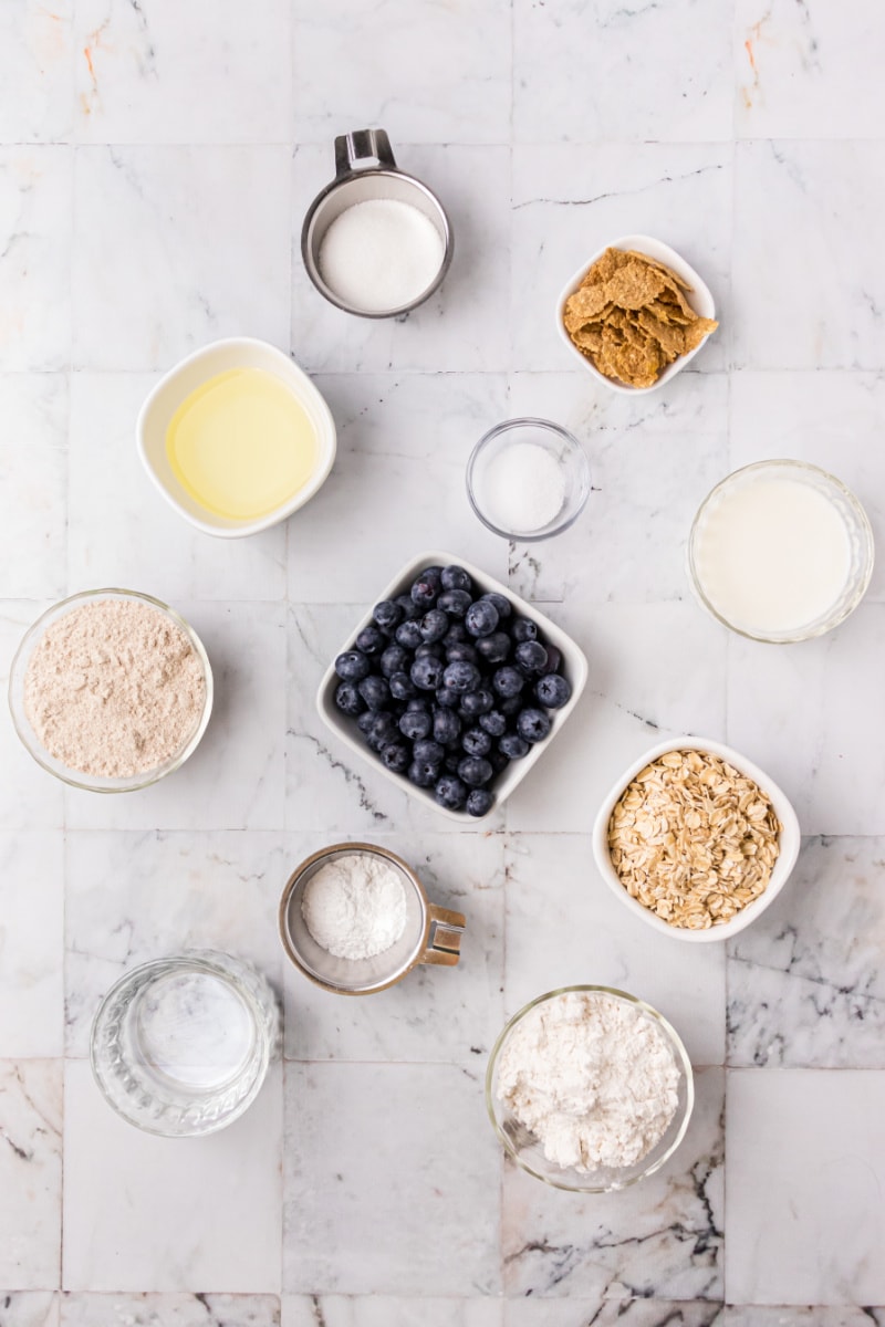 ingredients displayed for making whole grain blueberry biscuits