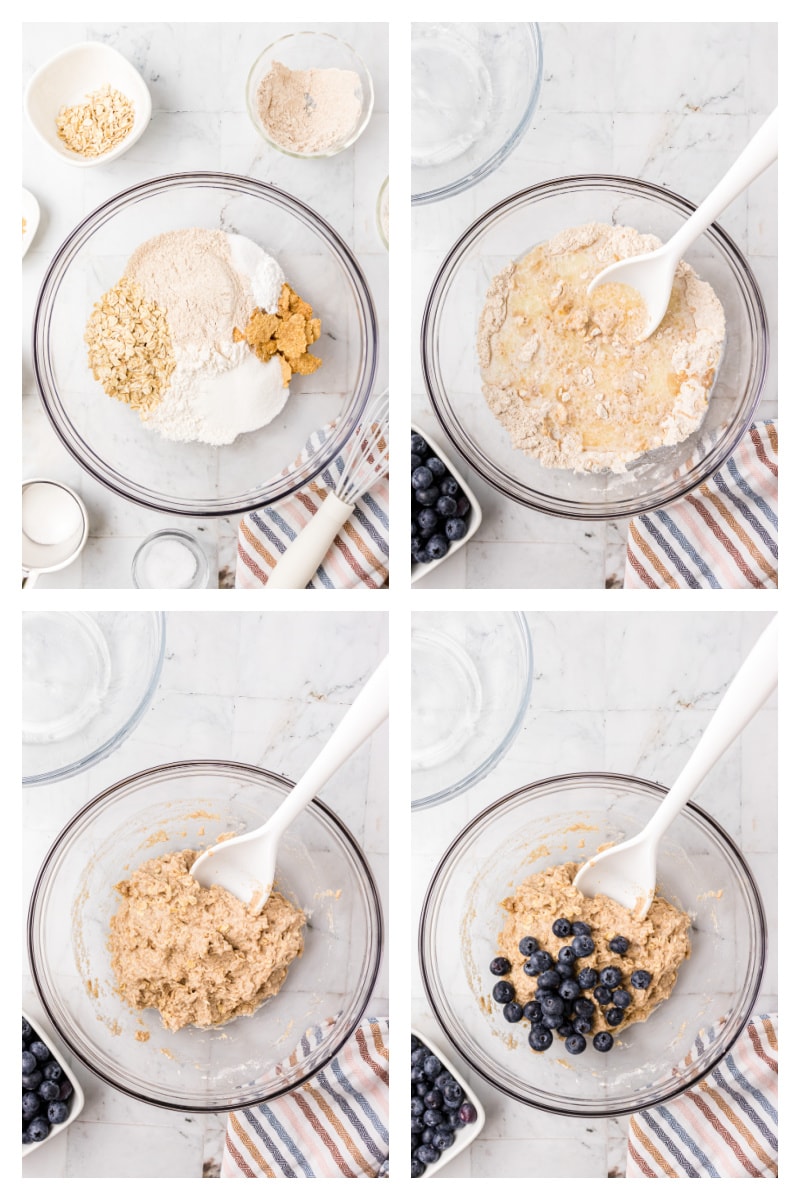 four photos showing making whole grain blueberry biscuit batter
