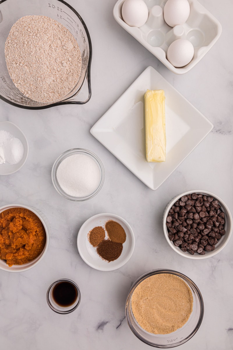 ingredients displayed for making whole wheat chocolate chip pumpkin bread