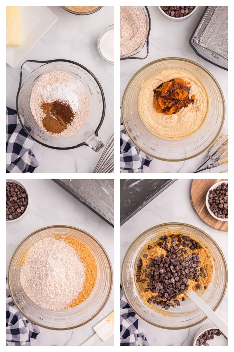 four photos showing how to make batter for pumpkin bread