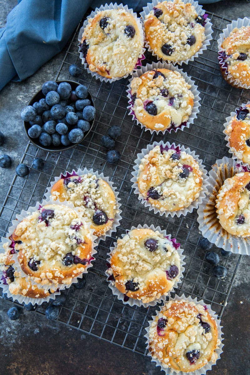 overhead shot of blueberry muffins with fresh blueberries