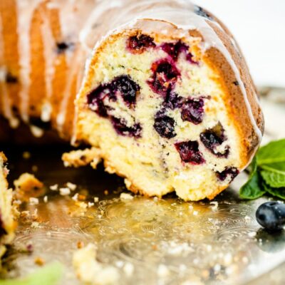 blueberry pound cake cut open to see the inside of the cake