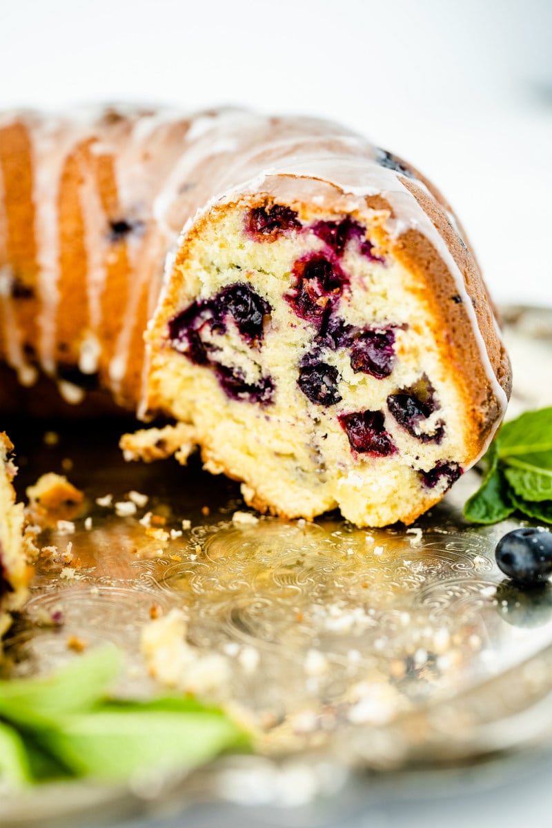 blueberry pound cake cut open to see the inside of the cake