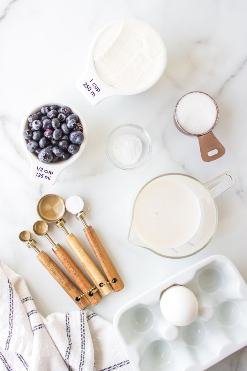 ingredients displayed for making blueberry pancakes