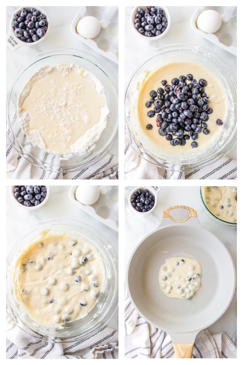 four photos showing how to make blueberry pancake batter