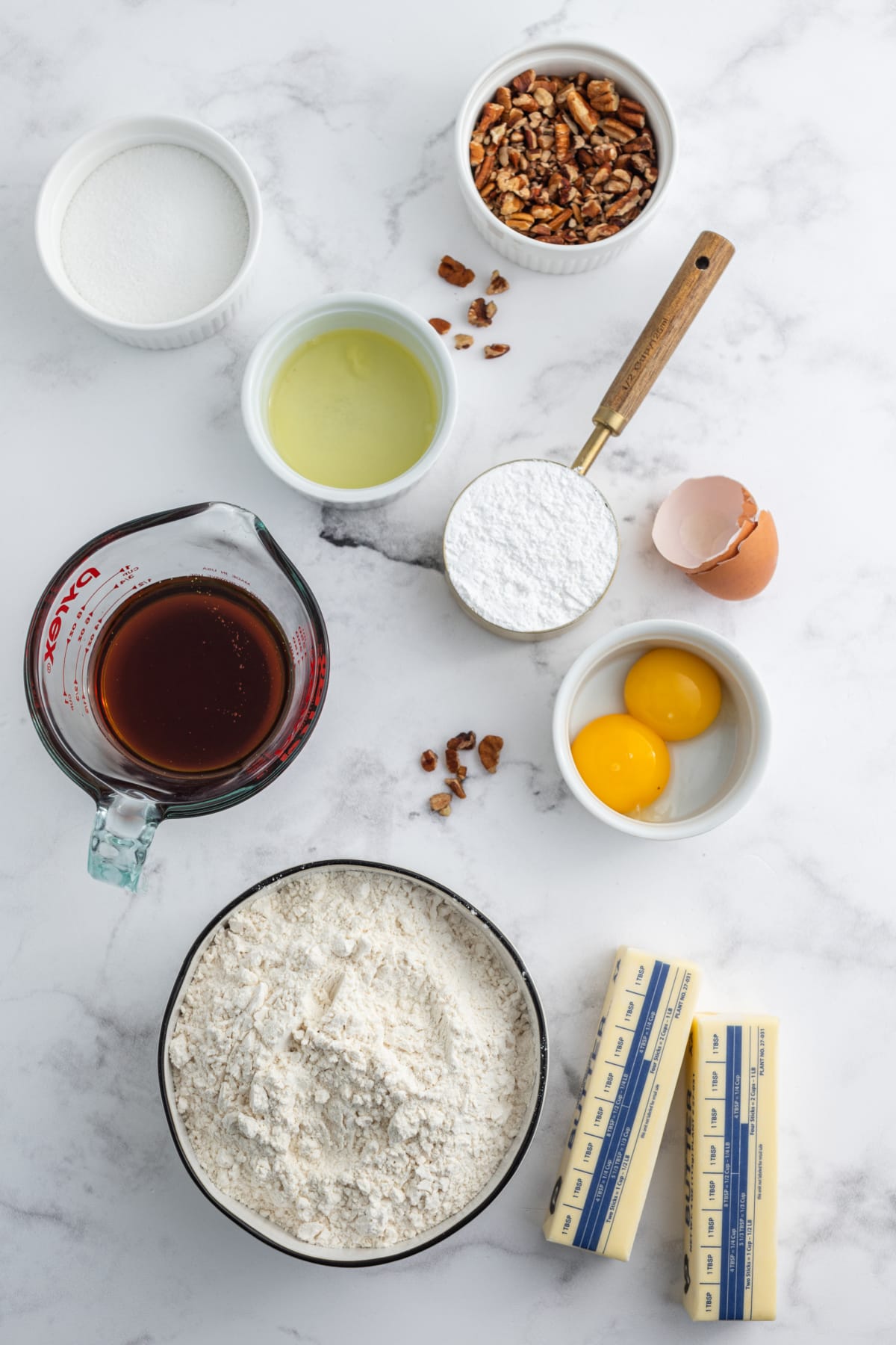 ingredients displayed for making caramel pecan sticky bun cookies