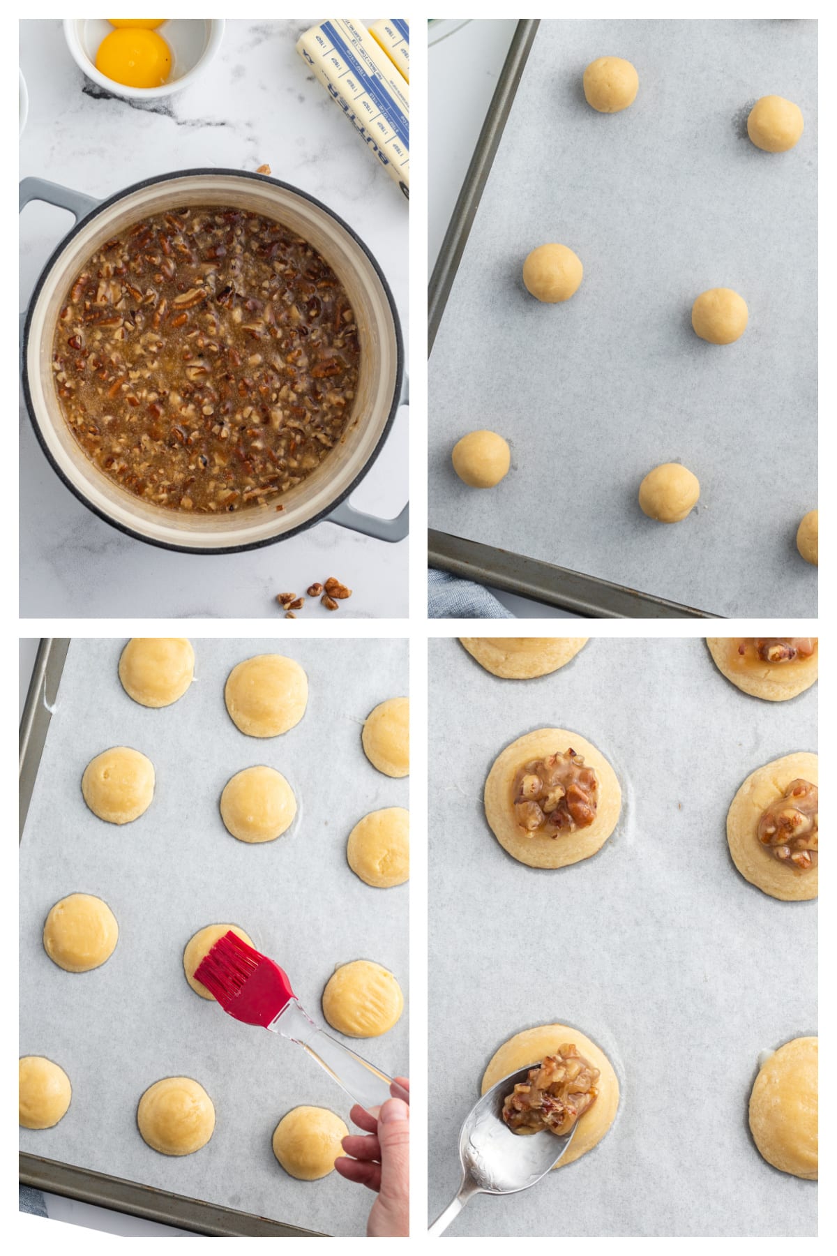 four photos showing how to make caramel pecan sticky bun cookies