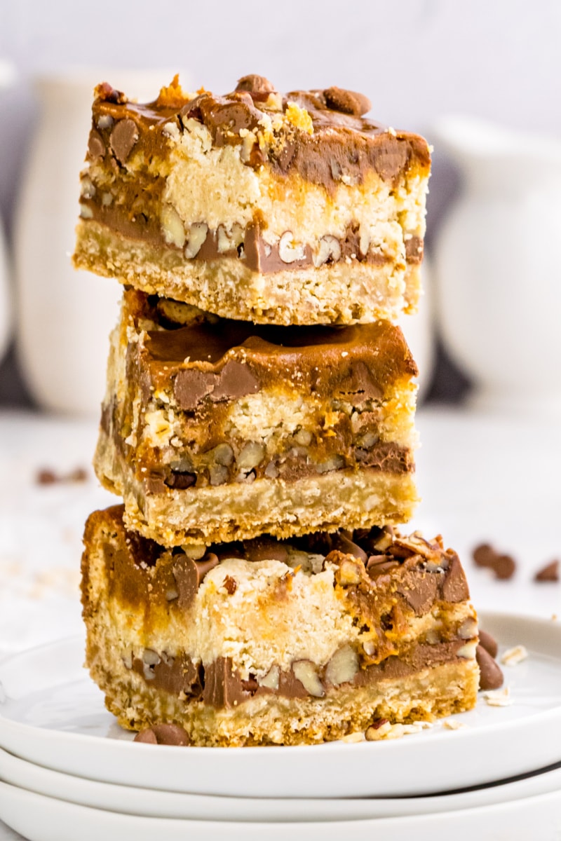 stack of three carmelitas on white plate