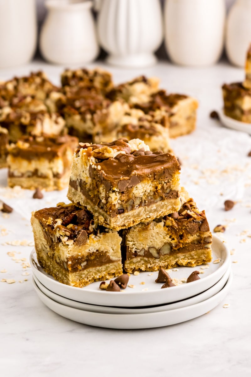 stack of carmelitas on a white plate