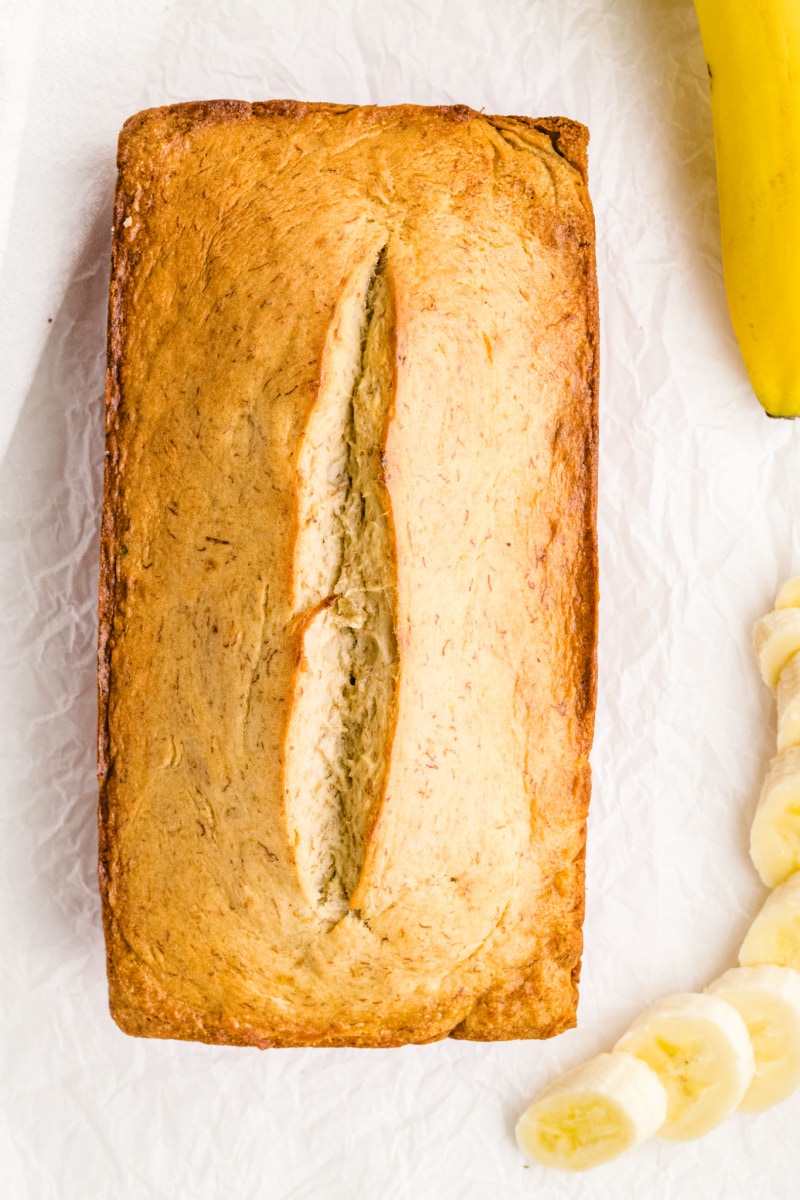 overhead shot of loaf of banana bread