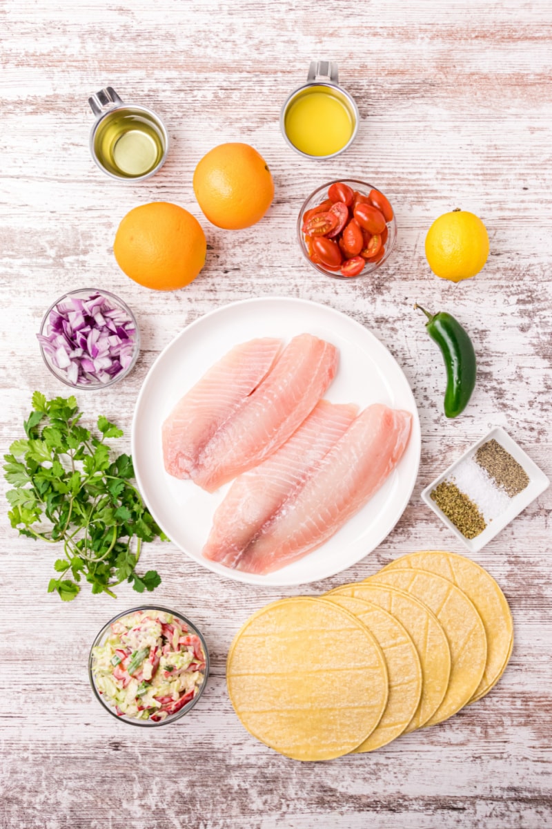 ingredients displayed for making fish tacos with citrus salsa
