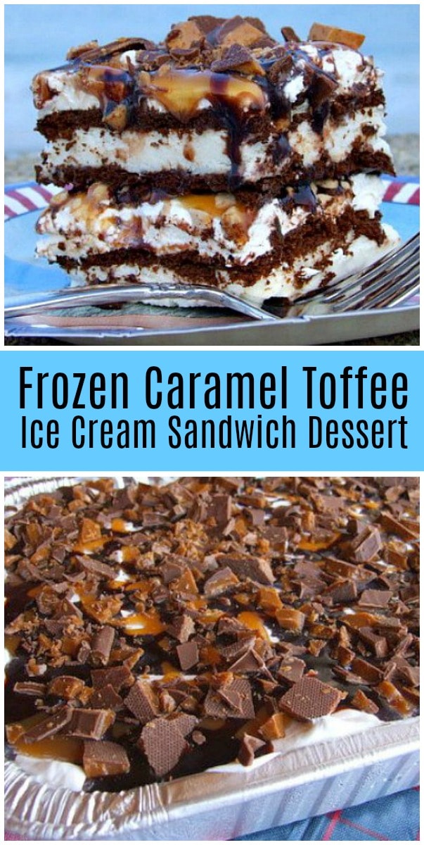 pinterest collage image for frozen caramel toffee ice cream sandwich dessert