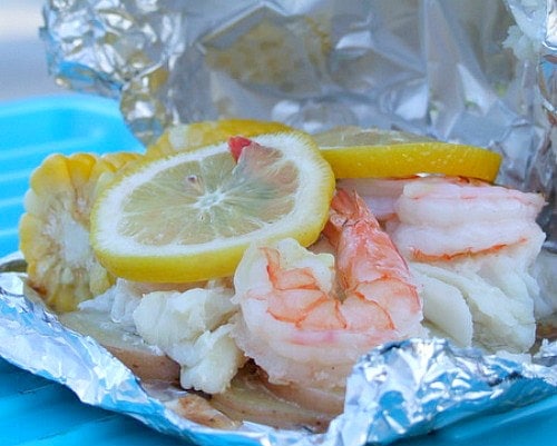 Grilled New England Seafood Foil Packets opened up after grilling