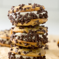 three stacked chocolate chip ice cream sandwiches