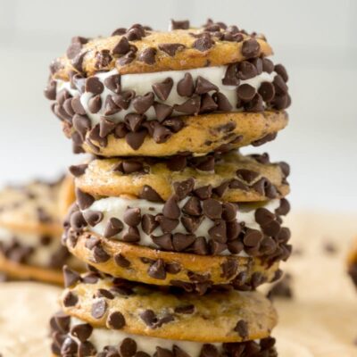 three stacked chocolate chip ice cream sandwiches