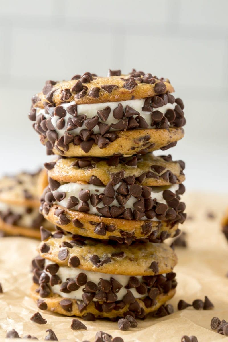 three stacked chocolate chip ice cream sandwiches