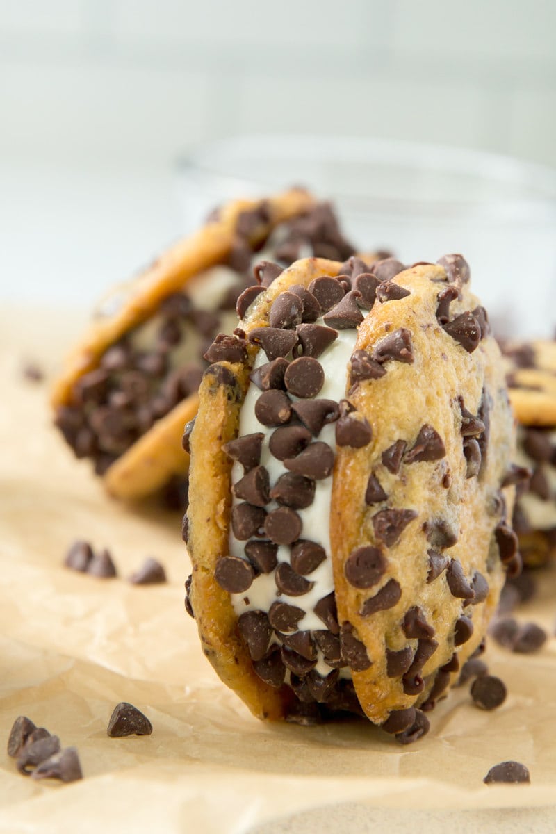 Chocolate Chip Ice Cream Sandwich edged with more chocolate chips