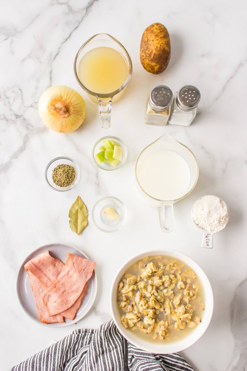 ingredients displayed for making low fat clam chowder