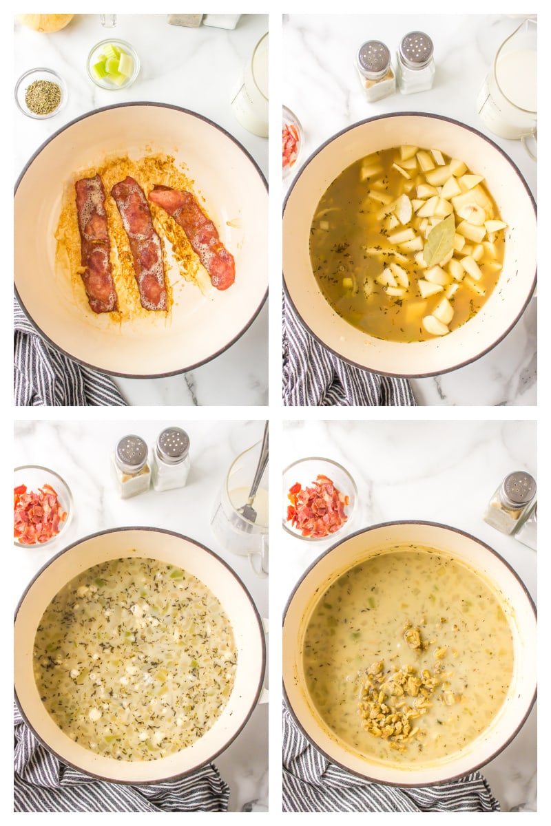 four photos showing how to make low fat clam chowder