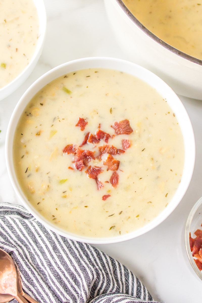 low fat clam chowder in a bowl with bacon