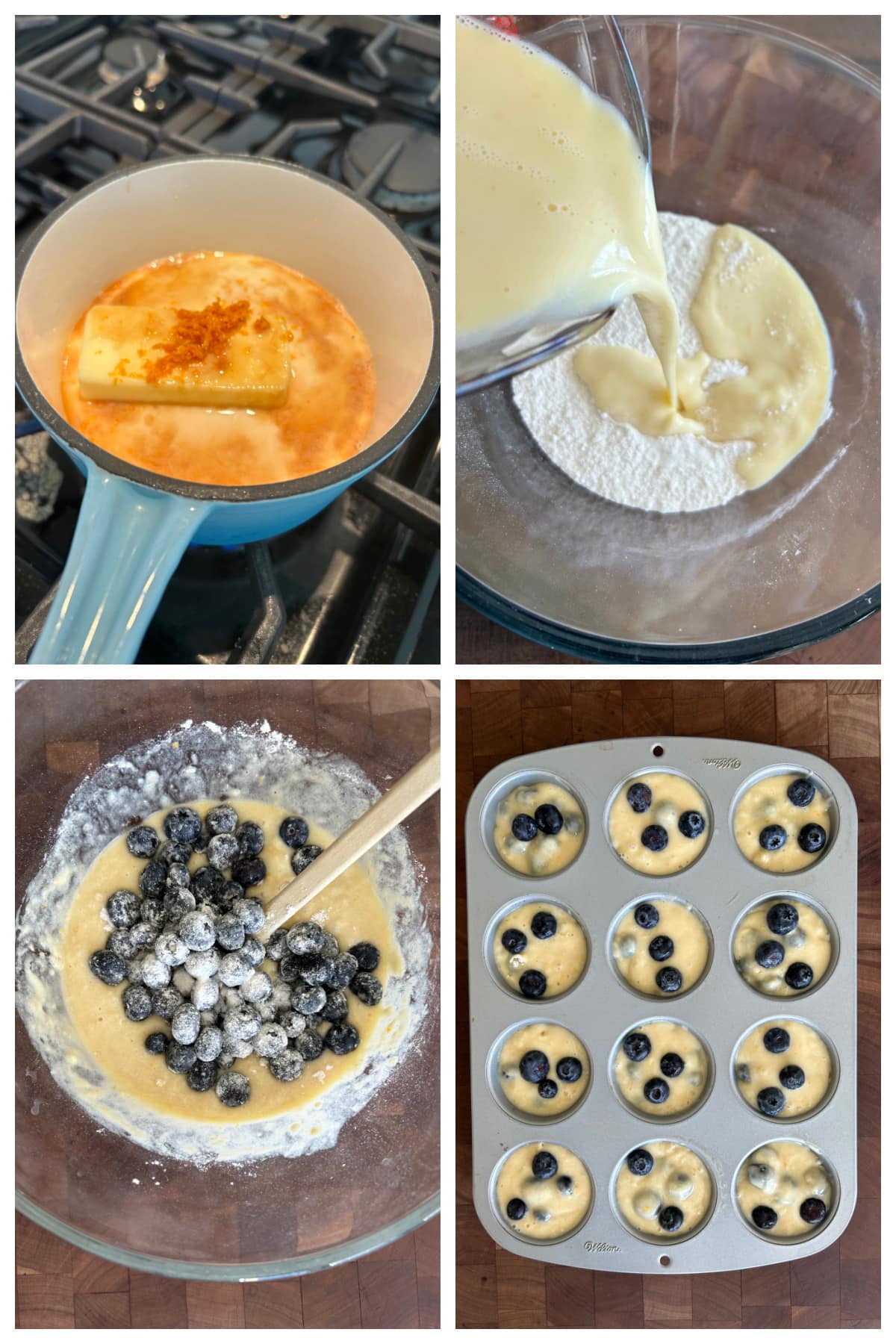 four photos sharing how to make old fashioned blueberry muffins