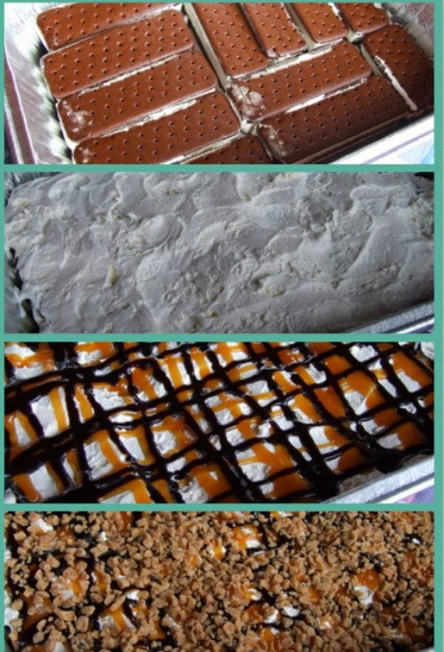 How to Make Frozen Caramel Toffee Ice Cream Sandwich Dessert showing four photos of the process: ice cream sandwiches in pan, then cool whip on top, then caramel and fudge sauce, then toffee