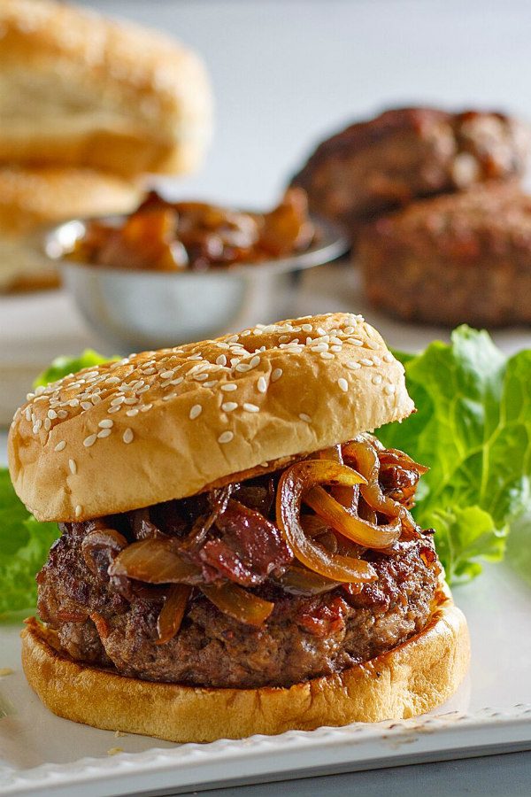 Bacon Burgers with Balsamic Caramelized Onions