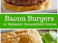 pinterest collage image for bacon burgers with balsamic caramelized onions