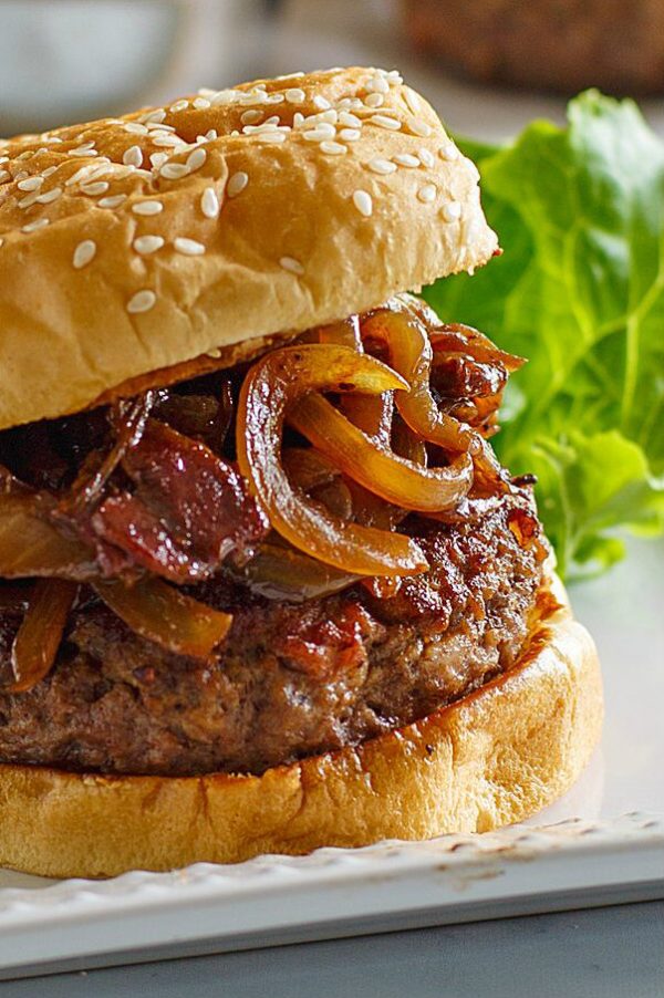 Bacon Burgers with Balsamic Caramelized Onions
