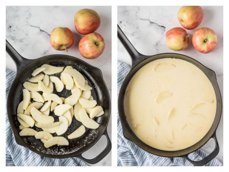 apples in a skillet and pancake batter poured over them