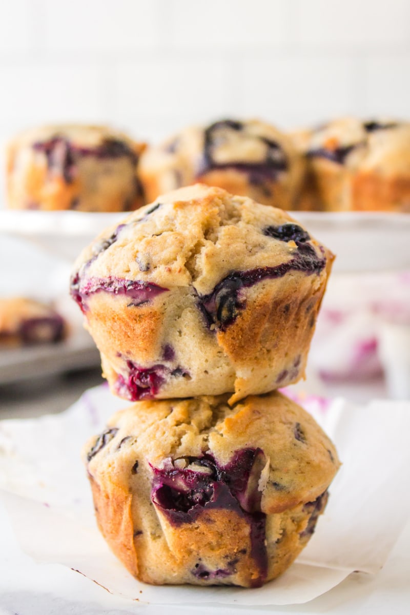 two blueberriest muffins stacked