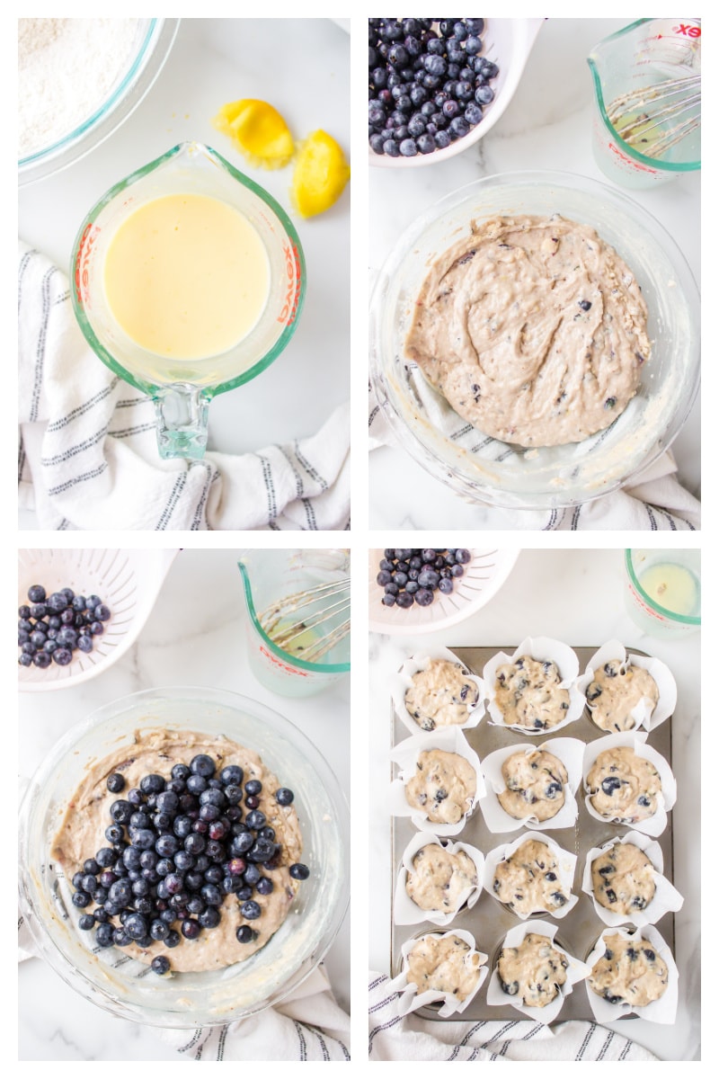 four photos showing how to make blueberriest muffins