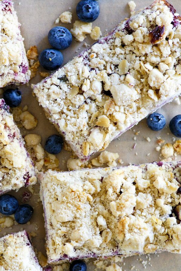 overhead shot of Lemon Blueberry Streusel Bars with fresh blueberries scattered around