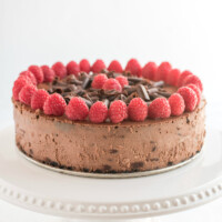 chocolate chocolate chip cheesecake with raspberry garnish on white platter