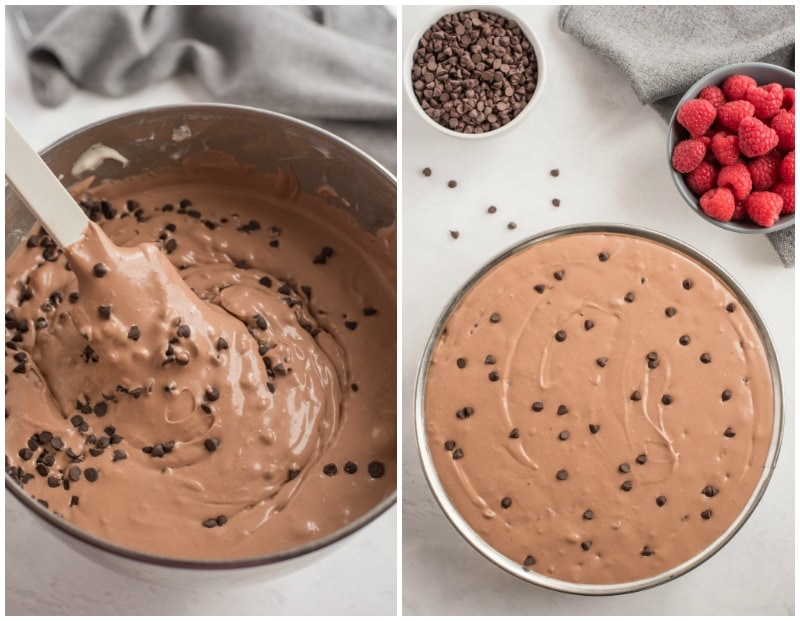 chocolate chip cheesecake batter in bowl and in cheesecake pan