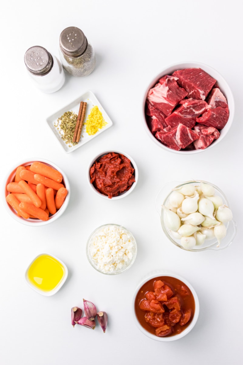 ingredients displayed for making greek beef stew