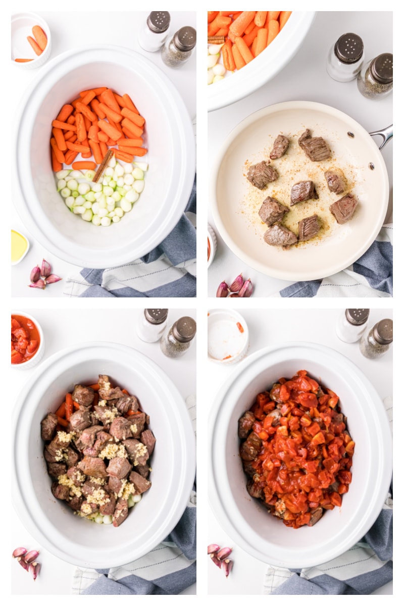 four images showing how to make greek beef stew in the slow cooker