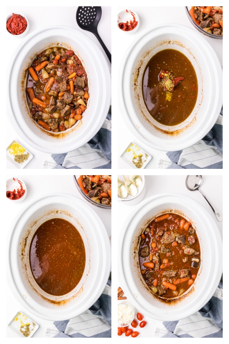 four photos showing progress of making beef stew in the slow cooker insert