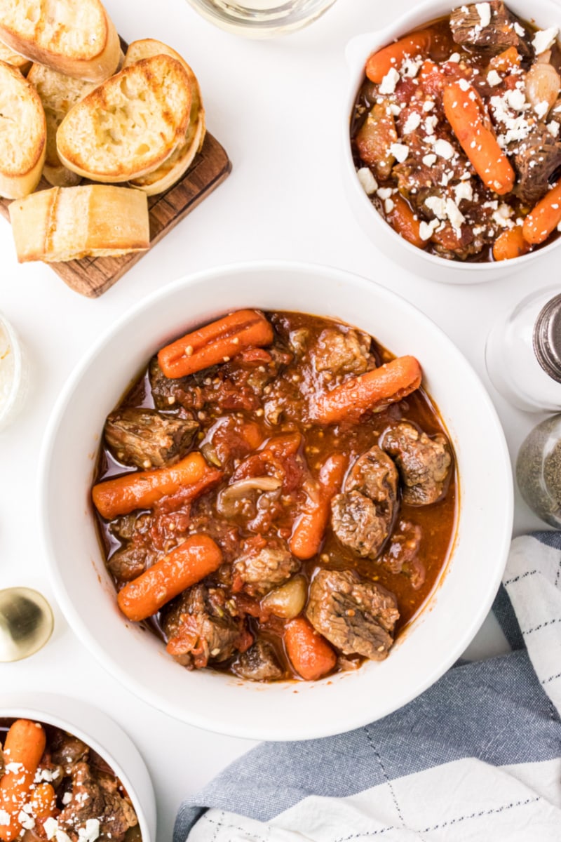 greek beef stew in a white bowl